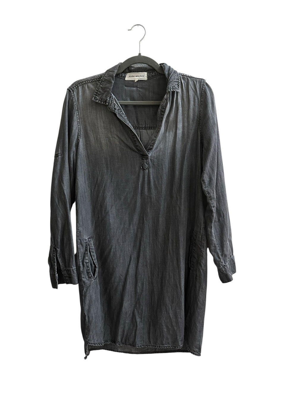 Side Stitch V-neck with Collar Muted Grey tone Mini Dress